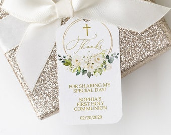 First Communion Thank You Favor Tag Template, EDITABLE, White Flowers Thank You Tag Printable, 2x3.5", Customize Message, Floral Favor Tags