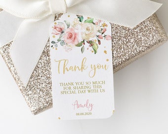 May include: A gold glitter gift box with a white satin ribbon and a floral thank you tag. The tag says "Thank you" and "Thank you so much for sharing this special day with us Amly 08.08.2020".