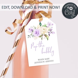 Etichette per vino per baby shower alla lavanda / Modello di etichetta per bottiglia di champagne modificabile con motivo floreale viola / Etichette stampabili Pop the Bubbly da 2x3" / Scarica