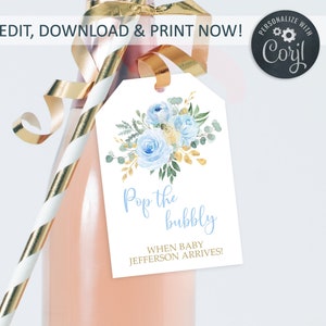Etichetta per vino Baby Shower con fiori blu, modello floreale modificabile per bottiglia di champagne, etichetta pop stampabile rosa blu e oro, DOWNLO IMMEDIATO