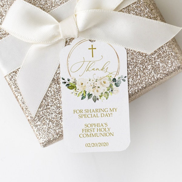 First Communion Thank You Favor Tag Template, EDITABLE, White Flowers Thank You Tag Printable, 2x3.5", Customize Message, Floral Favor Tags