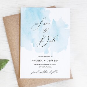Réservez votre invitation, modèle modifiable aquarelle bleu, carte de date de mariage bleu clair imprimable, design simple moderne, calligraphie