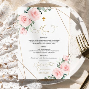 Menu de baptême fleurs rose pâle et or | Modèle de première communion rose rose modifiable | Cadre doré pour baby shower et menu d'anniversaire
