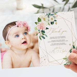 Boho Blush Rosa Blumen Taufe Foto Dankeschön | EDITIERBARE Vorlage | Druckbare Blumen Mädchen Heilige Kommunion Karte | Goldrahmen Taufe