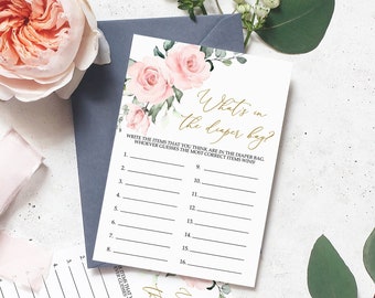 Blush Pink Floral Diaper Bag Game: Boho Baby Shower (EDITABLE Template)