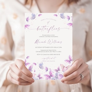 Convite para chá de panela de borboleta | Design de borboleta rosa blush e roxo para impressão EDITÁVEL | Modelo de convite com tema Boho Nature elegante V2