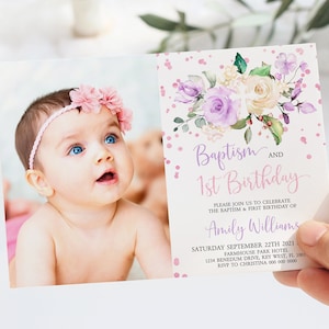Lavendelcreme Taufe & Babys erster Geburtstagseinladung | Bearbeitbare Foto 1. Geburtstag einladen | Rose Gold Glitter Karte
