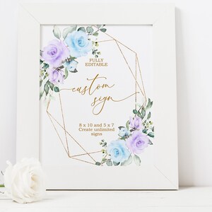 Letreros de ducha con flores azules y violetas ilimitadas, plantilla EDITABLE / Letrero personalizado con marco dorado / Imprimible, 5x7, 8x10 / Bebé brunch con rosas lavanda