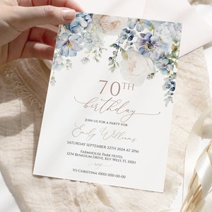 70ème anniversaire d'hortensia bleu de Zazzle.be Liste d'envies Vous avez des idées ? Modèle de fleurs bleu poussière MODIFIABLE | Invitation d'anniversaire imprimable florale pour femme | Tout âge
