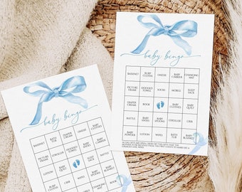 Blue Bow Baby Bingo Game: Watercolor Shower Activity (Digital Download)