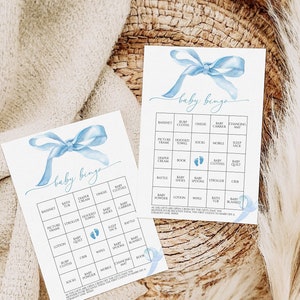 Jeu de bingo pour bébé avec noeud bleu, activités imprimables modifiables pour le brunch de bébé, modèle de jeu de baby shower de ruban aquarelle bleu, téléchargement immédiat