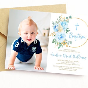 Invitation florale bleue de baptême | Modèle modifiable de baptême rose bleue | Carte photo dédicace garçon avec paillettes dorées