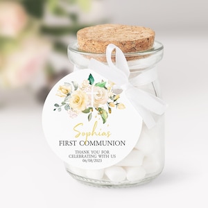 Gelbe Blumen Dankesanhänger für die Erstkommunion, EDITIERBARE Vorlage, runde Rosenblumen-Geschenkaufkleber, gelbe und weiße Taufanhänger zum Ausdrucken