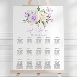 Lavender Rose Batism Seating Chart, Boho Table Poster, EDITABLE DIY Printable Template, Purple Rose Flowers Seating Plan, Instant Download image 1