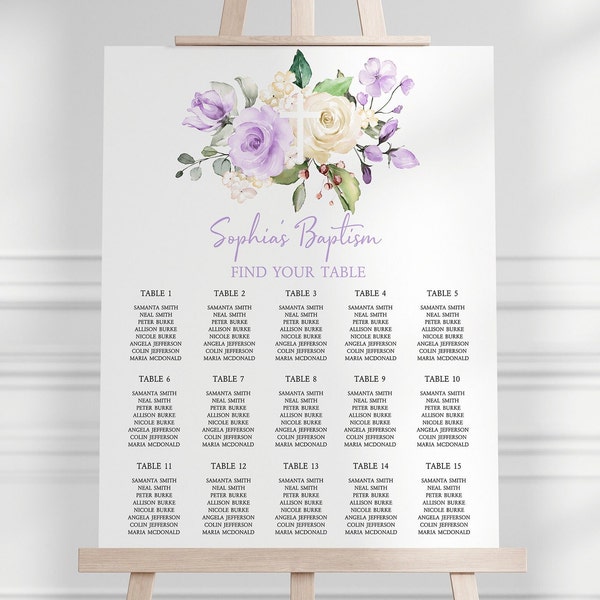 Lavender Rose Batism Seating Chart, Boho Table Poster, EDITABLE DIY Printable Template, Purple Rose Flowers Seating Plan, Instant Download