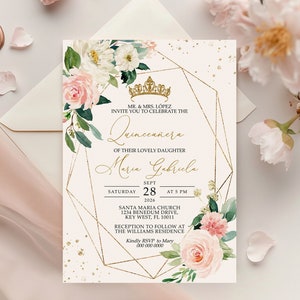 Boho Blush Pink Quinceañera Invitation | Printable Template | EDITABLE Pink Floral & Gold Frame Mis Quince Años Invite | DOWNLOAD