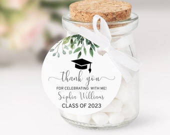 Greenery Graduation Thank You Tag, EDITABLE Template, Round Floral Favor Stickers, Class of 2024 Graduation Party Printable Tags