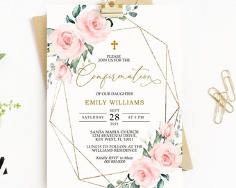 Blush Pink Floral Confirmation Invitation: Editable Gold Frame (Digital File)