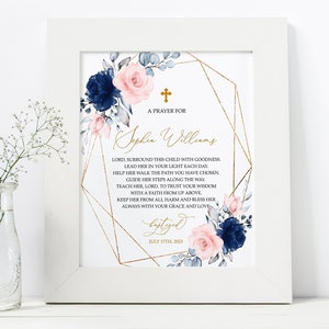 Blush Pink & Navy Floral Taufe Gebetszeichen | Bearbeitbare Vorlage | Personalisierte Gebetskarte | Rose Blumen Printable Taufe | Silber