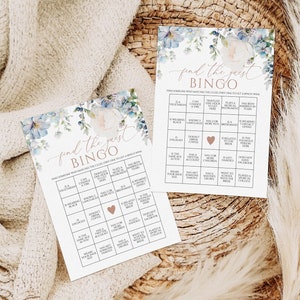 Hortensia azul Encuentra el juego de bingo invitado, Bingo de ducha nupcial floral imprimible EDITABLE, Plantilla de ducha de juego social, Juegos de ducha de boda