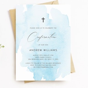Blue Watercolor Confirmation Invitation | EDITABLE Template | Modern Boy Printable Confirmation Invite | Minimalist Design