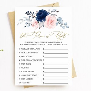 Jeu "Le prix est bon" rose pâle et bleu marine, modèle MODIFIABLE, jeux de shower de bébé floral bohème, le prix est bon, carte imprimable avec cadre doré, rose