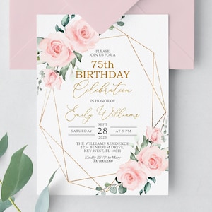 Blush Pink Flowers & Gold Frame 75th Birthday Invitation | EDITABLE Template | Women Floral Printable Birthday Invite | Any Age Women Invite