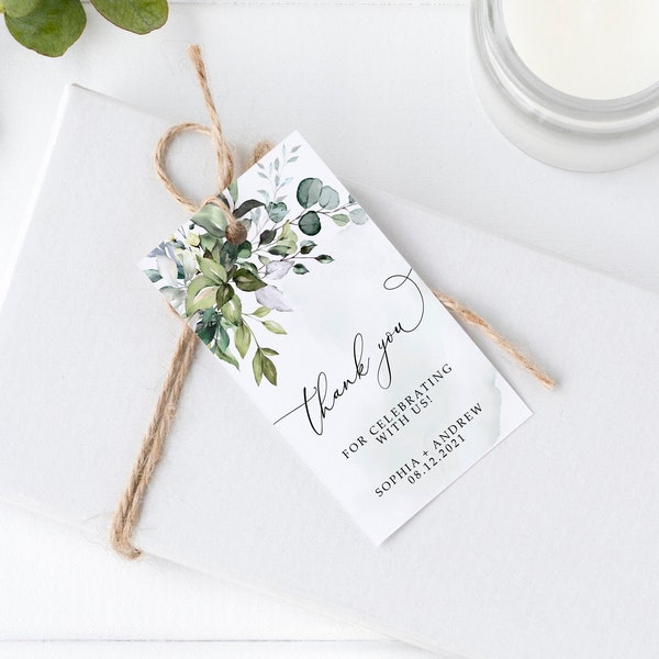 Greenery Thank You Tag, EDITABLE Template, Printable Eucalyptus Wedding Favor Tag, Green Leaves Favour Tag, 2x3.5", Bridal Shower Favor Tags