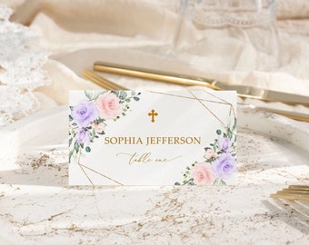 Blush Pink & Violet Flowers Baptism Place Card Template, EDITABLE Printable First Communion Name Seating Card, Gold Frame INSTANT DOWNLOAD