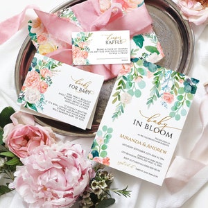 Baby in Bloom Dusche Einladungs-Set, EDITIERBARE Vorlage, druckbares grün florales Event Pack, rosa & weiße Rose Blumen Baby Sprinkle