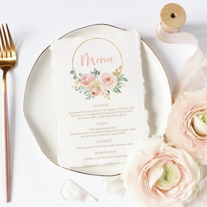 Blush Pink Menüvorlage, 100% bearbeitbar, druckbare Blumenkarte, Gold Glitzer Babyparty, Braut, Hochzeit, Geburtstagsfeier, Sofortiger Download