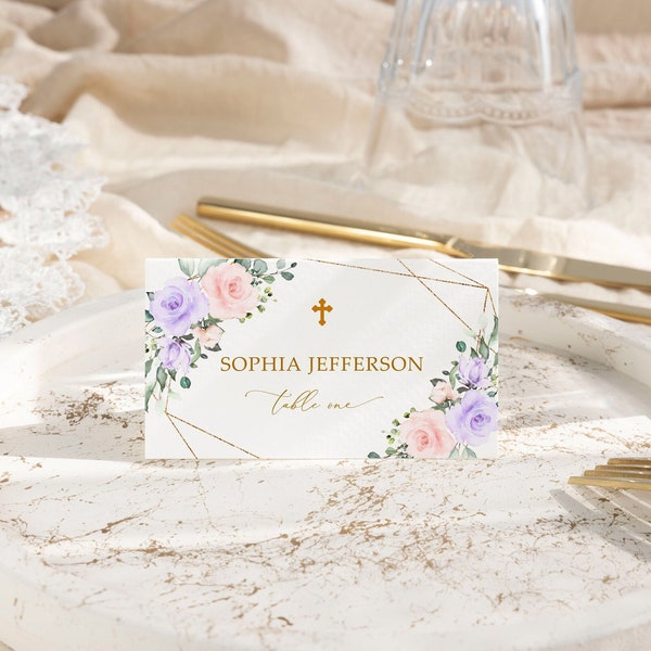 Blush Pink & Violet Flowers Baptism Place Card Template, EDITABLE Printable First Communion Name Seating Card, Gold Frame INSTANT DOWNLOAD