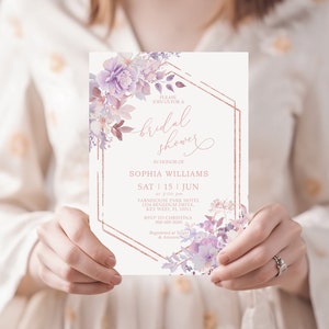 Fioletowe kwiaty Bridal Shower Invitation, EDYTOWALNY szablon, Wydrukowane eleganckie różowe złote zaproszenie na brunch, Boho Dusty Lavender Floral Card