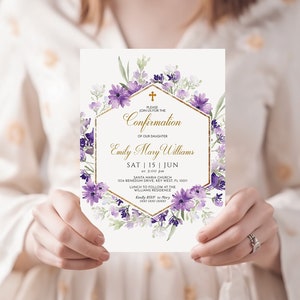 Purple Confirmation Invitation, EDITABLE Template, Rustic Floral Girl Printable Confirmation Invite, Lilac Flowers & Gold Frame Confirmation