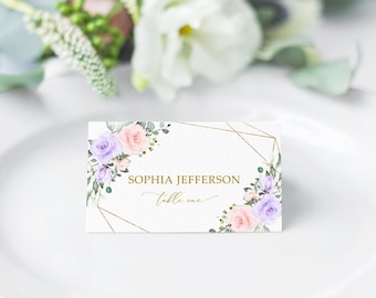 Floral Wedding Place Cards: Blush Pink & Violet (EDITABLE Template)