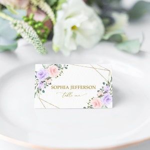 Blush Pink & Violet Blumen Tischkarten, EDITIERBARE Vorlage, druckbare lila Blumenkarte, Hochzeit Sitzplatz Namenskarte, Brautparty, Geburtstag