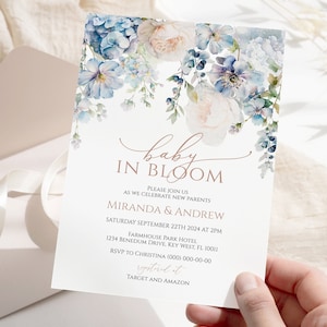 Baby in Bloom Shower Einladung | EDITIERBARE Vorlage | Druckbare Elegante Blaue Hortensie Baby Sprinkle Invite | Boho Dusty Blue Blumenkarte