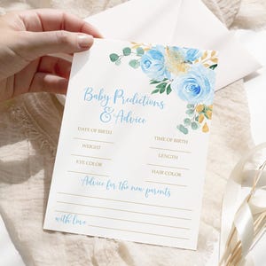 Jeu de prédictions et conseils pour bébé Blue Rose | Modèle MODIFIABLE | Jeu de Douche Imprimable | Activités florales bleues et dorées pour garçons | TÉLÉCHARGER