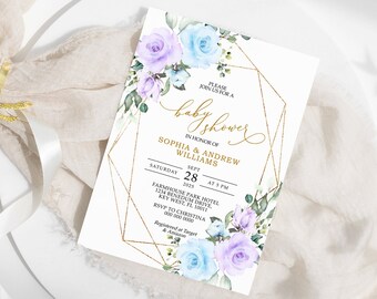 Blaue und lila Blumen-Babyparty-Einladung, EDITIERBARE Vorlage, Boho druckbare Dusche einladen, Goldrahmen, elegante Lavendel-Rosen-Blumen