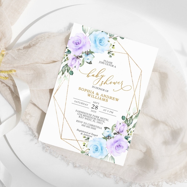 Blue & Purple Flowers Baby Shower Invitation, EDITABLE Template, Boho Printable Shower Invite, Gold Frame, Elegant Lavender Rose Flowers