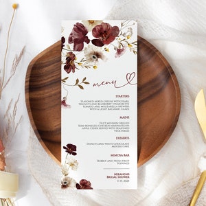 Menu fleurs sauvages d'automne, modèle MODIFIABLE, menu de mariage floral automne imprimable, brunch de mariée fleurs rouges et blanches, baby shower, anniversaire