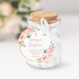 Plantilla de etiqueta de favor de bautismo, EDITABLE, pegatinas de agradecimiento florales rosa rubor redondo, etiqueta de favor imprimible, cumpleaños, ducha, descarga instantánea