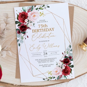 Convite Floral Marsala & Blush Pink para 75º Aniversário | Modelo Editável | Convite Floral Feminino para Imprimir | Celebração para Qualquer Idade