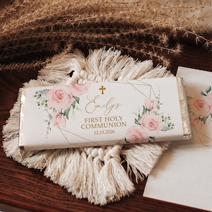 Blush Pink Flowers First Communion Chocolate Bar Wrapper, EDITABLE Template, Printable Gold Frame Candy Bar Wrapper, Pink Rose Girl, Hershey