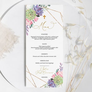 Sukkulenten Blumenmenü | Bearbeitbare Vorlage | Boho Hochzeitsmenü mit rosa Rosen Design für Braut Brunch, Baby Shower, Taufe