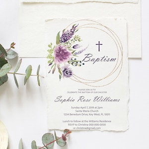 Lavendel Taufe Einladung, EDITIERBARE Vorlage, Floral Taufeinladung, druckbare Mädchen Widmung, lila Kommunion, INSTANT DOWNLOAD