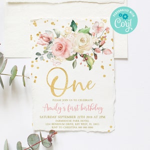EDITABLE Blush Pink Floral Baby&#39;s First Birthday Party Invitation | Printable 1st Birthday Invite Template | Gold Glitter, Boho Girl, One