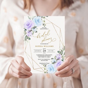 Blaue und lila Blumen Brautdusche Einladung, EDITIERBARE Vorlage, hellblaue und violette Rose zum Ausdrucken einladen, Goldrahmen Brunch Hens Night