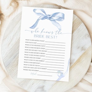 Jeu du nœud bleu qui connaît le mieux la mariée, MODIFIABLE à imprimer Connaissez-vous bien la mariée ? Modèle, carte de brunch ruban bleu
