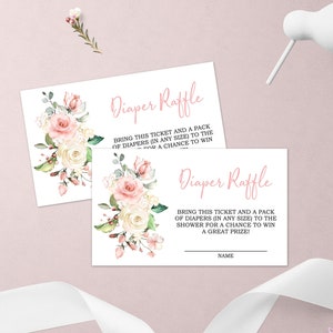 Blush Pink Blumen Windel Lotterielos | EDITIERBARE Boho druckbare Mädchen-Babyparty-Vorlage | Sofort Download